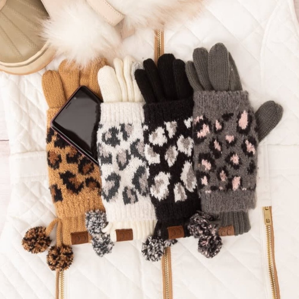 🚨 1 LEFT! C.C Leopard Knit Touch Pom Poms Glove Set - Picture 9 of 11